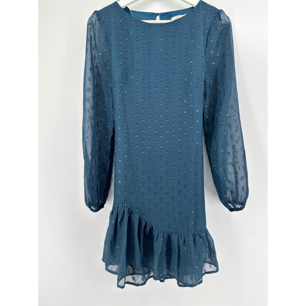 Miami Teal Blue Clip Dot Mini Dress Long Sleeve Ruffle Hem XXS